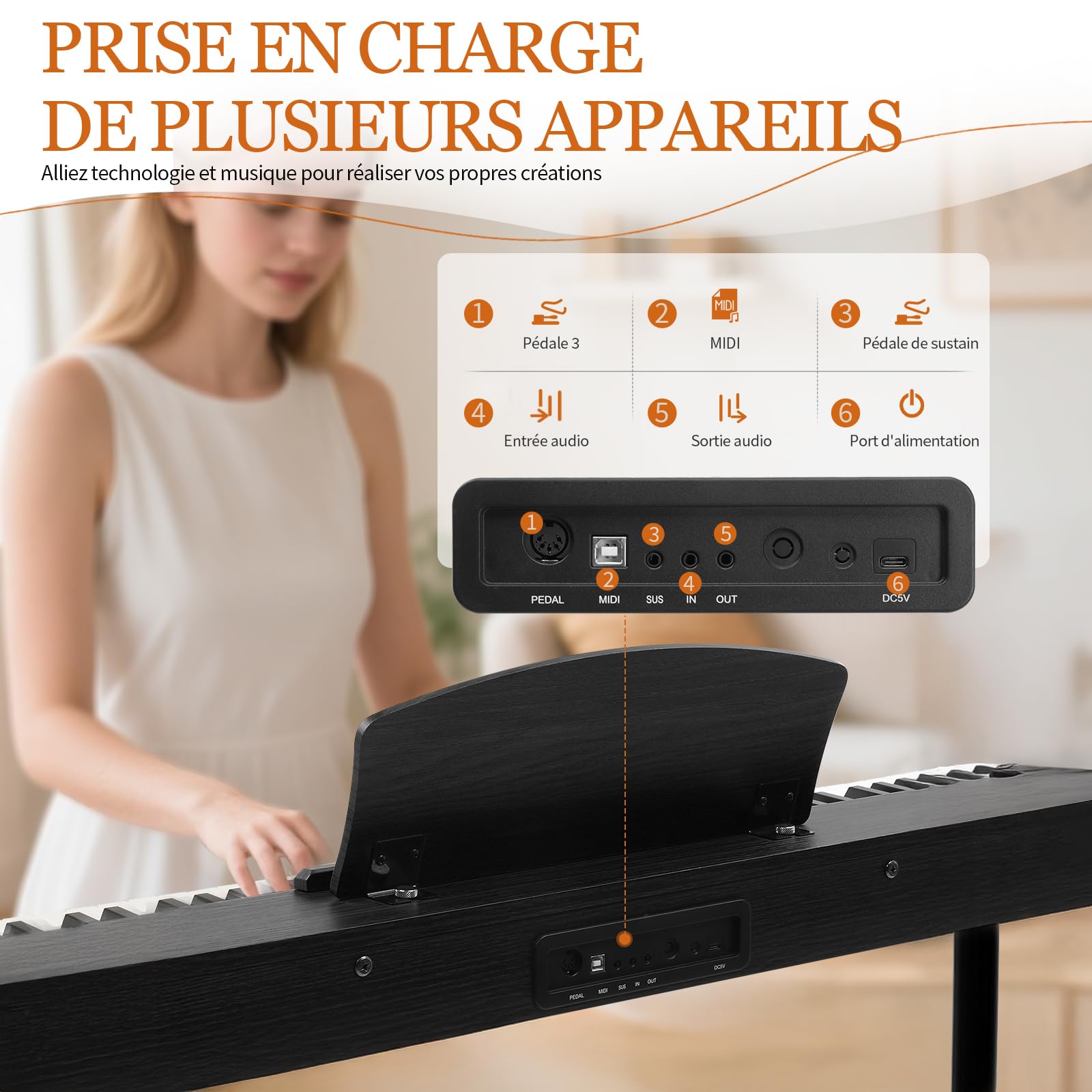 LEADZM Piano Numérique 88 Touches avec Support en Métal, Clavier Piano Semi-Lesté, Piano Electrique avec 3 Pédales, Adapté aux Débutants (Noir)