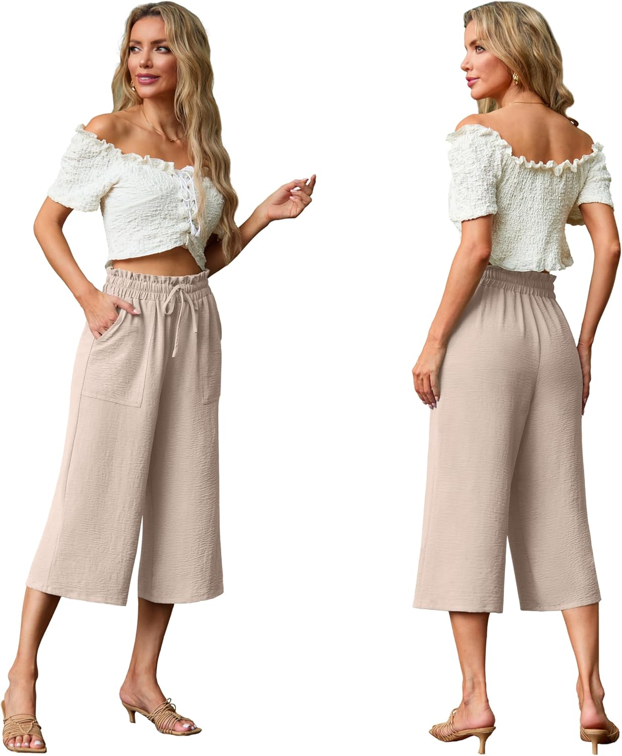 Lepunuo Women's Wide Leg Capri Pants High Waisted Palazzo Pants Adjustable Casual Tie Knot Pants with Pockets - Image 4