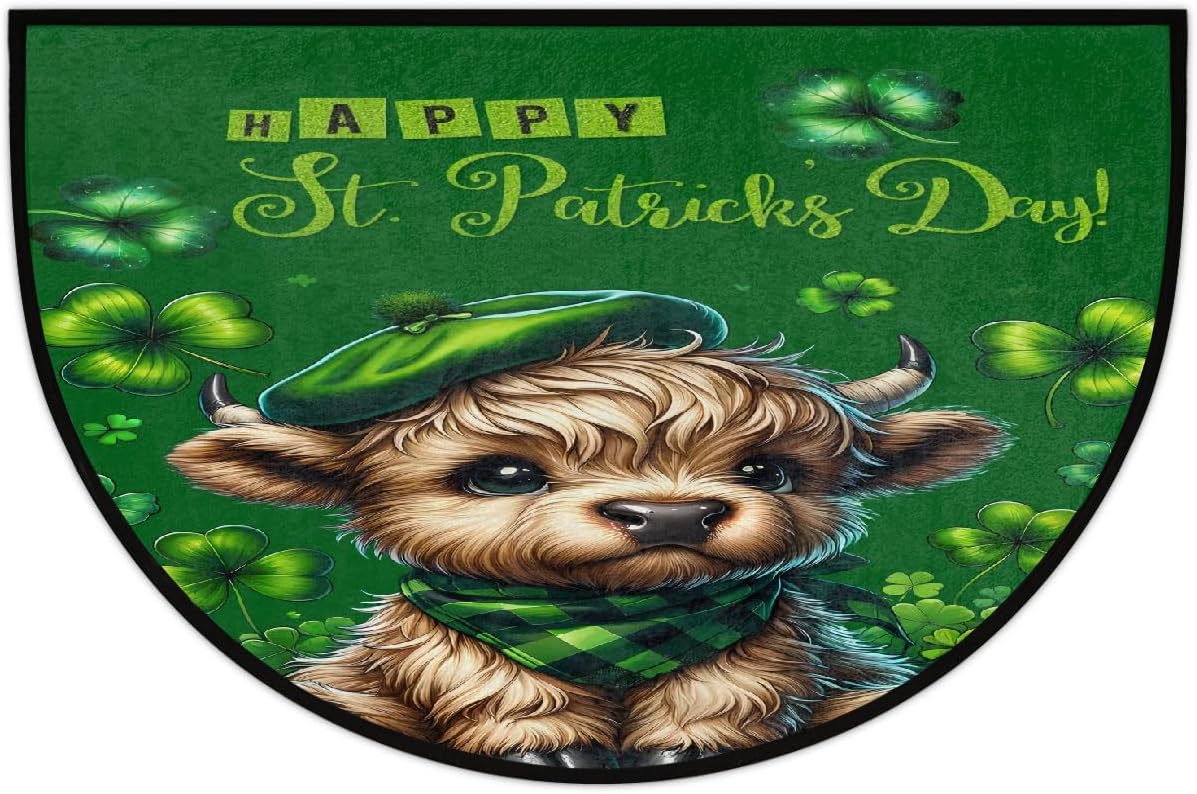 Half Round Doormat St. Patrick's Day Highland Cow Washable Semi Circle Area Rug Non Slip Absorbent Half Moon Rug for Indoor Outdoor Bathroom Kitchen Patio Front Welcome Fireplace Hearth Floor Mat