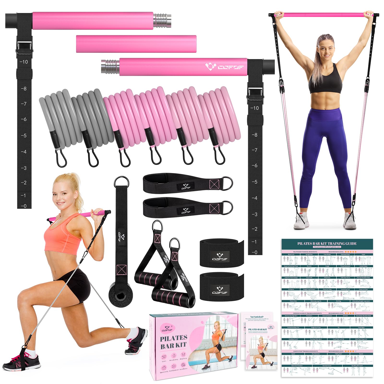 Pilates Bar Kit with Resistance Bands, Multifunctional Yoga Pilates Bar with Heavy-Duty Metal Adjustment Buckle, Portable Home Gym Pilates Resistance Bar Kit for Women Full Body Workouts