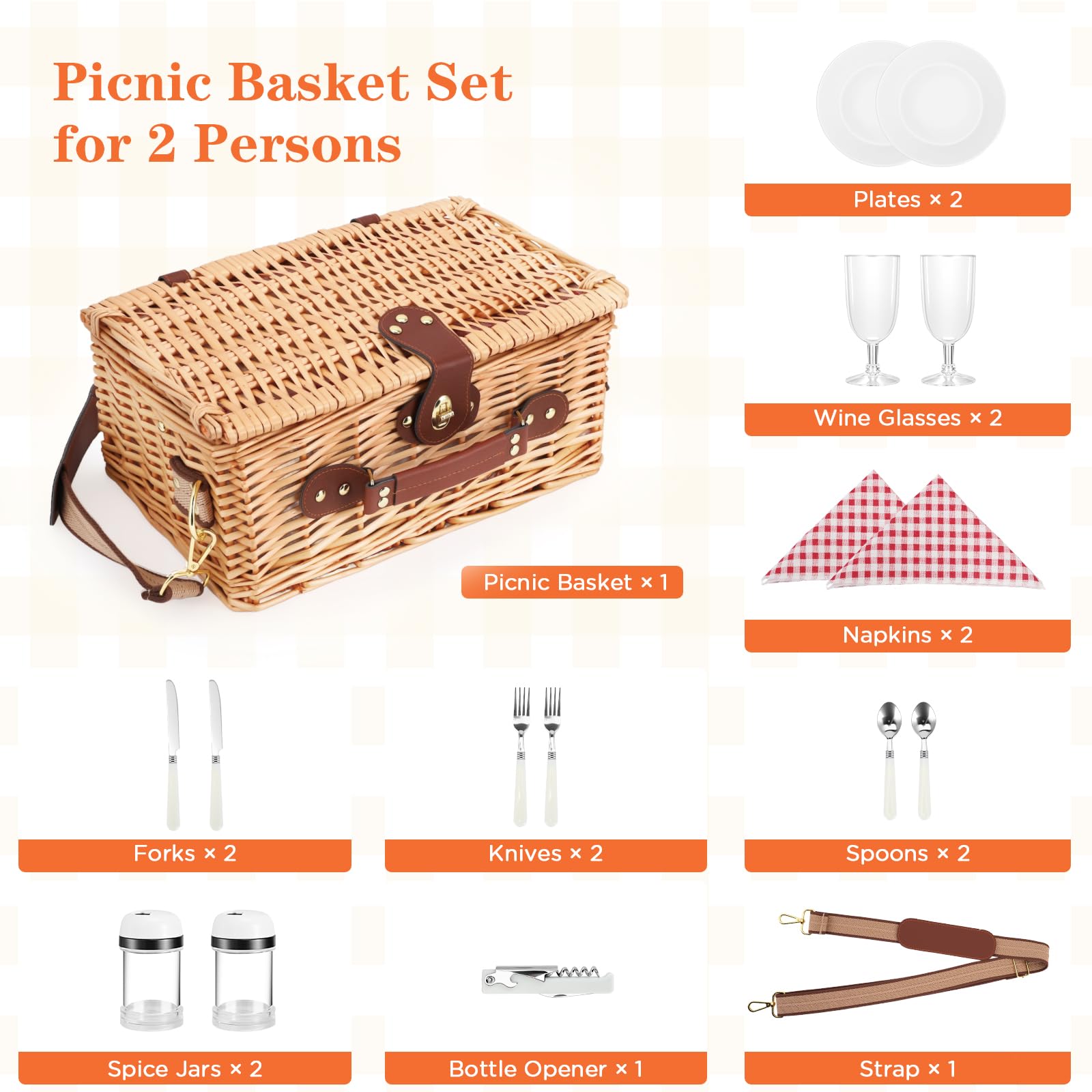 Wicker Picnic Basket Cestino da Picnic in Vimini per 2 Persone – Set Picnic con Vano Isotermico, Piatti, Posate, Bicchieri da Vino, Cavatappi – Perfetto per Spiaggia, Campagna, Parco & Regalo BBQ