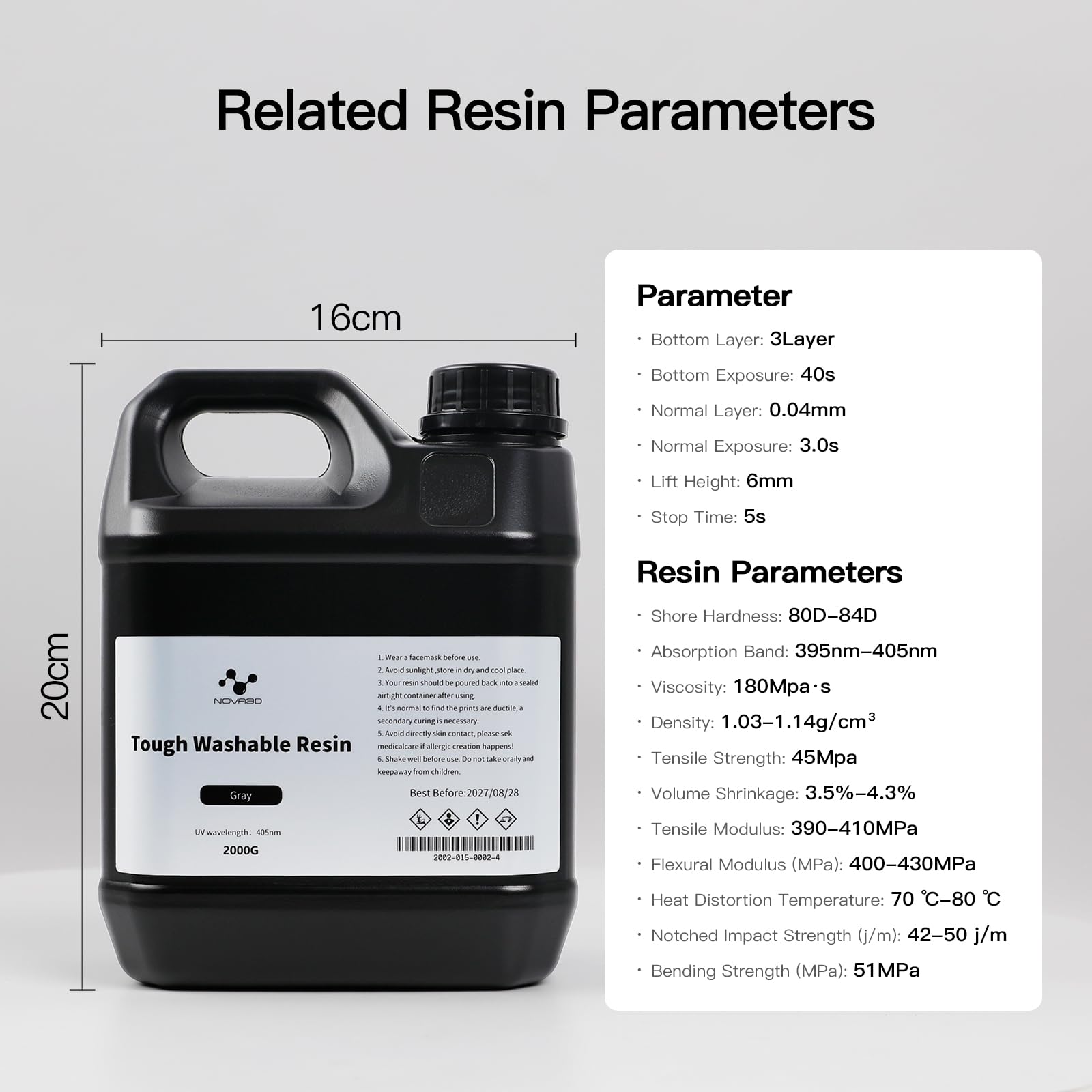 NOVA3D Resina resistente lavabile in ABS, resina fotopolimerica ad alta resistenza per stampa 3D, asciugatura rapida UV 405 nm, per stampanti 12K/14K/LCD/DLP/SLA, basso odore (grigio, 2 kg)