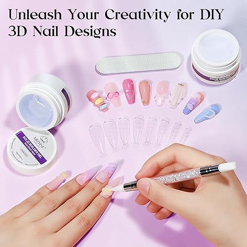 Miniatura 7 de MIZHSE Gel constructor sólido para uñas, arte de uñas 3D transparente y blanco no pegajoso, gel duro para esculpir con bolígrafo de silicona de