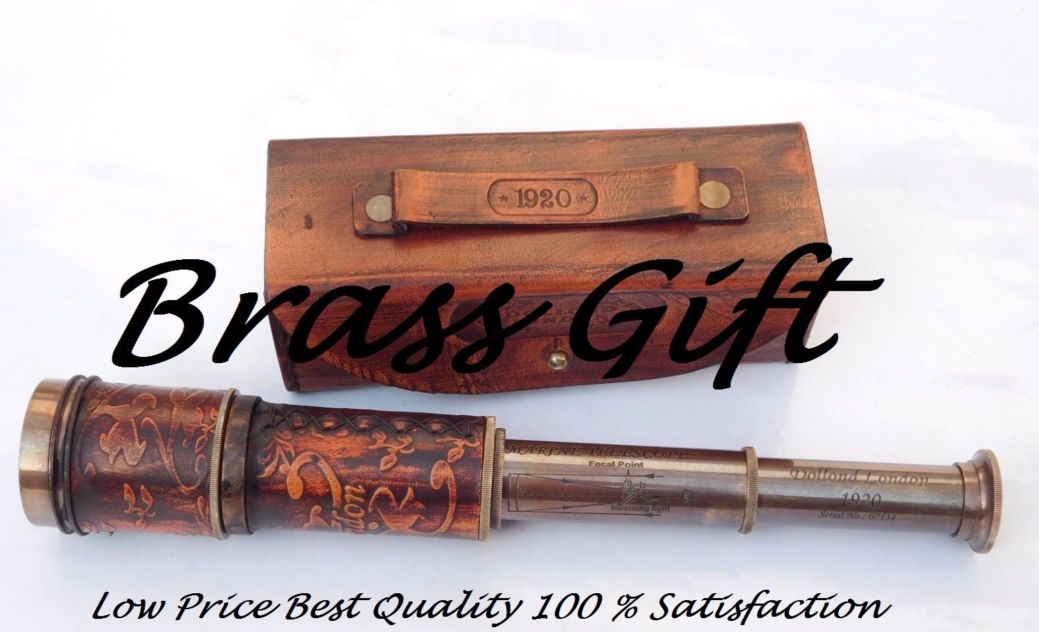 Antique Brass Leather Craving Telescope Vintage Nautical Scope Solid Nautical