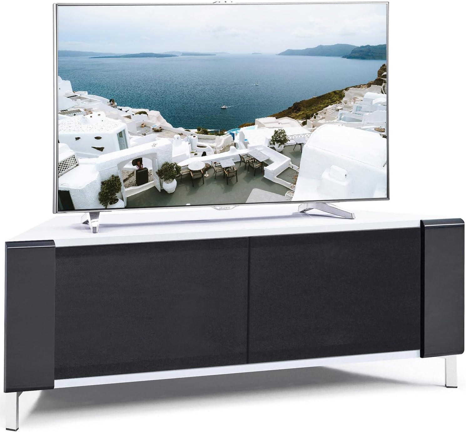 CORVUS Corner-Friendly Gloss White Contemporary Cabinet with Black Profiles Black BeamThru Glass Doors Suitable for Flat Screen TVs up to 50"