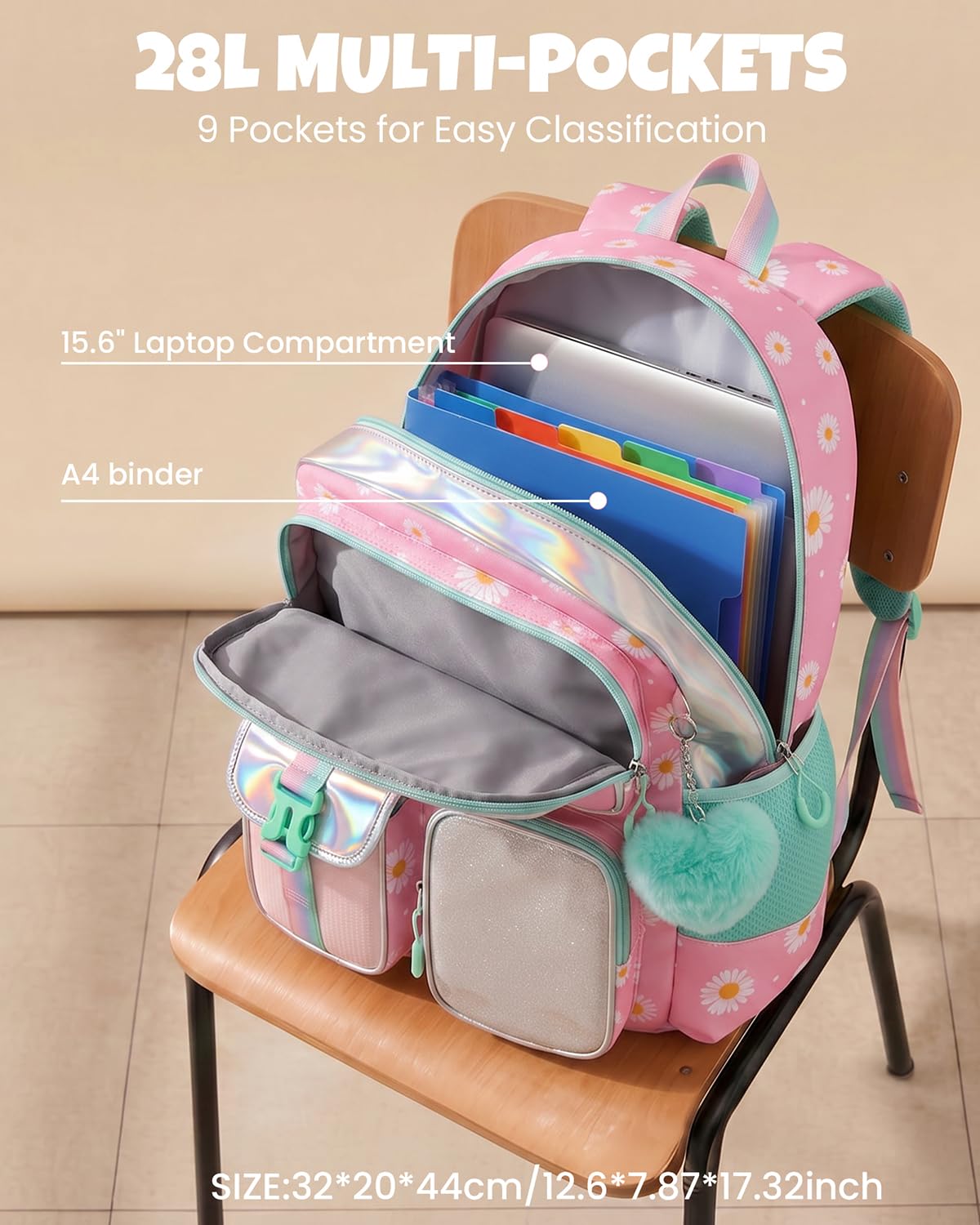 Amythe Cartable École Filles Classes de 3 à 10 3 pièces Set, Rose