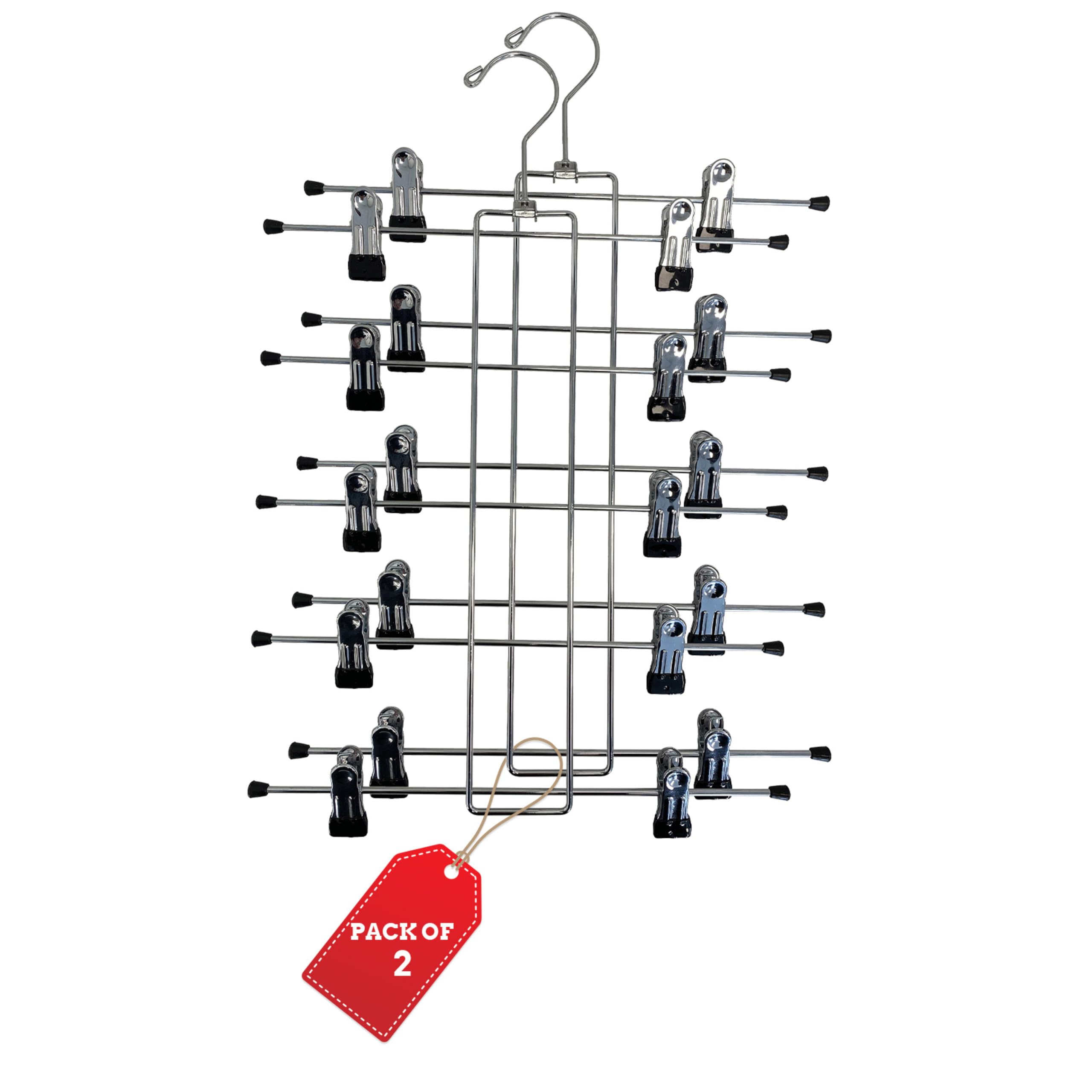 5 Tier Metal Hangers with Clips - Pack of 2 Space-Saving Wire Hangers, Heavy Duty Stainless Steel Clothes Hangers for Pants, Skirts, Scarves, and Jeans - Ideal for Closet Organization
