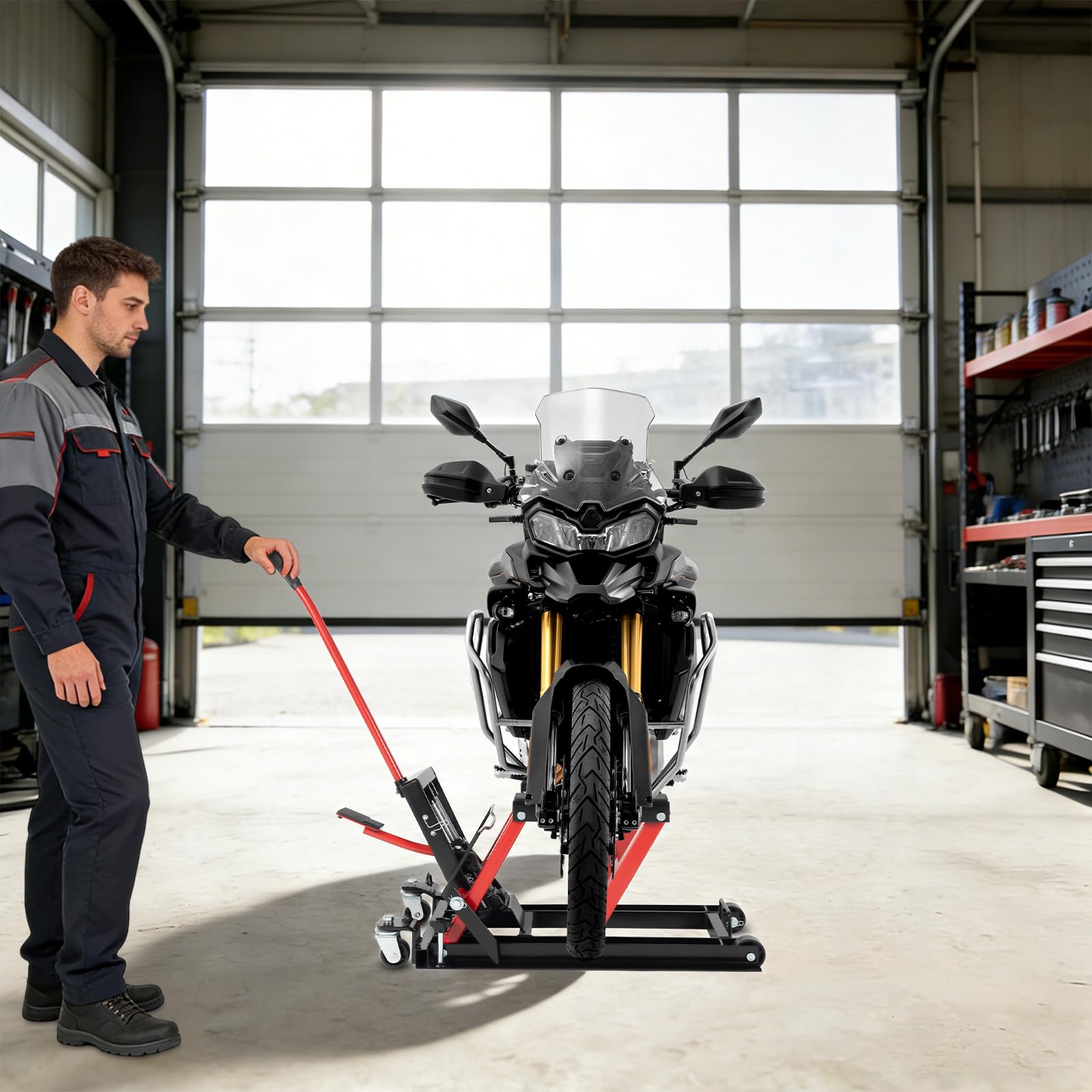 Sollevatore idraulico per moto, 680 kg, ponte sollevatore con blocco di sicurezza e ruote, cavalletto di montaggio per moto, ATV e quad, altezza di sollevamento 115-365 mm