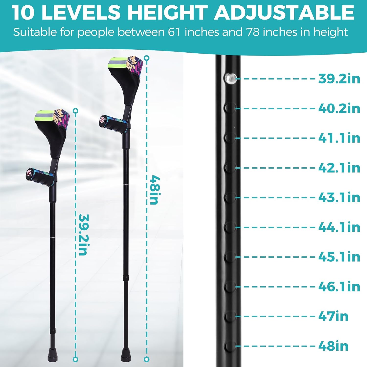 Forearm Crutches （A Pair）, Folding Forearm Crutches Lightweight Adjustable，with Cuffs, Elbow Cushion, Grip Cushion