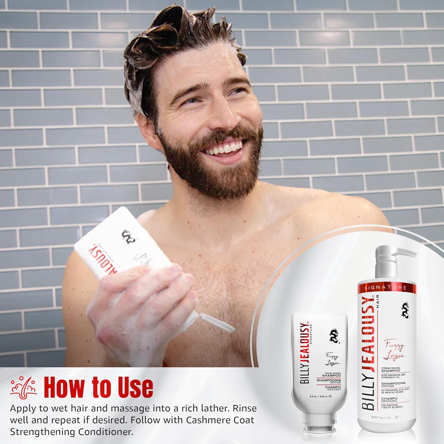 Billy Jealousy Fuzzy Logic Strengthening Mens Shampoo, Adds Volume, Prevents Hair Loss, Promotes Circulation & Healthy Growth, Peppermint Scent