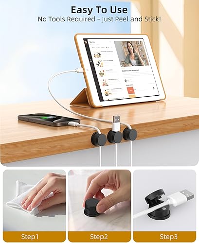Miniatura 5 de Soporte para cables, organizador de cables giratorios, clips magnéticos para cables para escritorio, paquete de 6 organizadores de cables para
