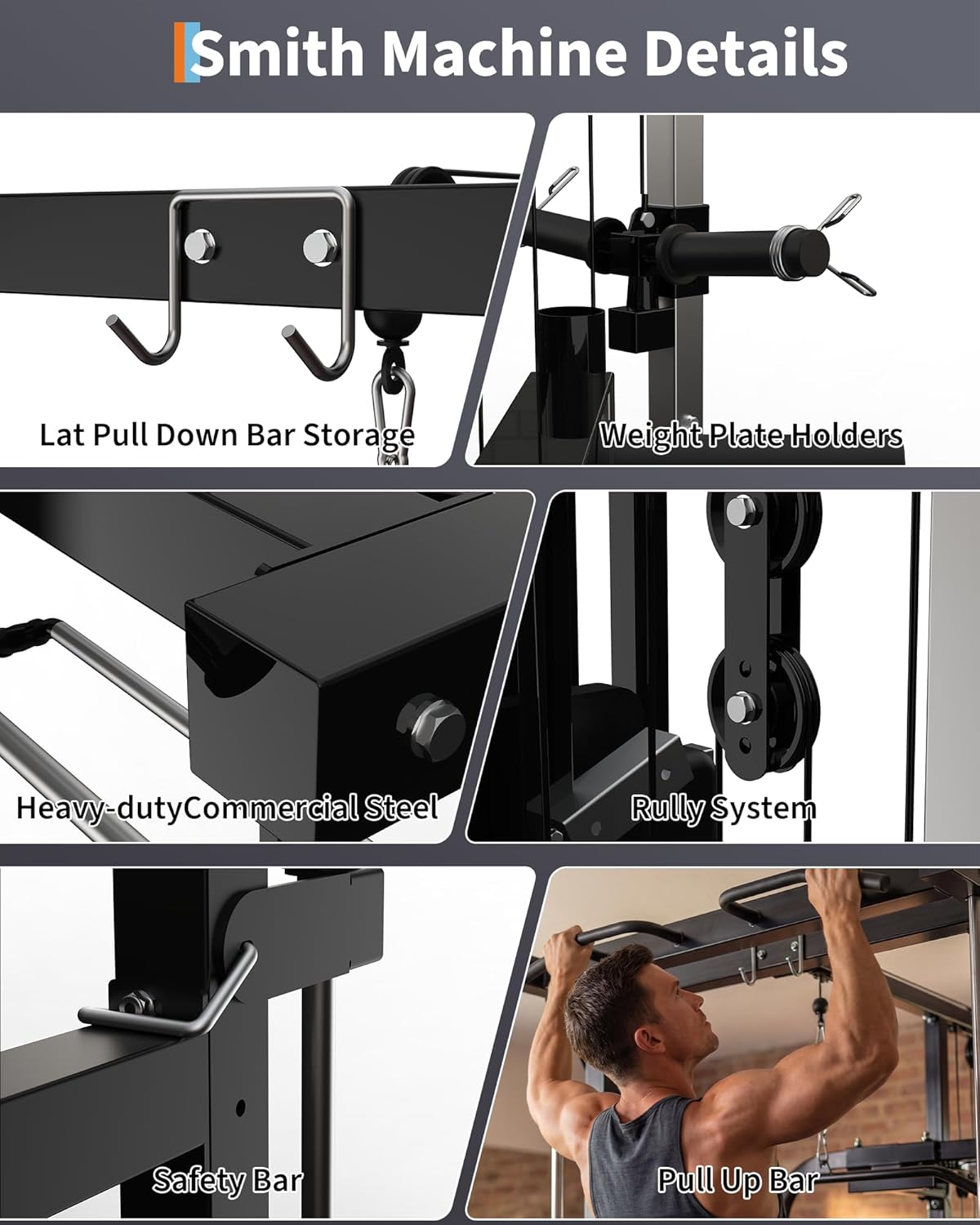 Smith Machine with Bench, Heavy Duty Power Cage Squat Rack with Smith Bar, LAT Pulldown System, Chest Station & More Training Attachment, Home Gym Equipment for Strengthen Training