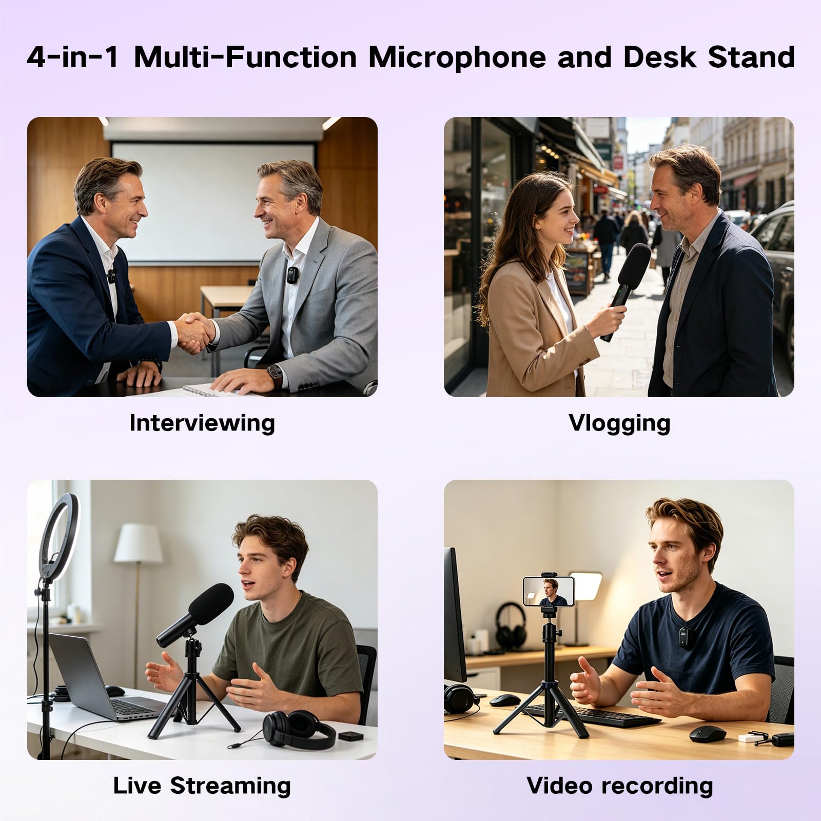 Micrófono Lavalier 4 en 1 para iPhone, iPad, Android, mini micrófono con cancelación de ruido, emparejamiento automático y silencio, micrófono podcast con trípode para teléfono móvil