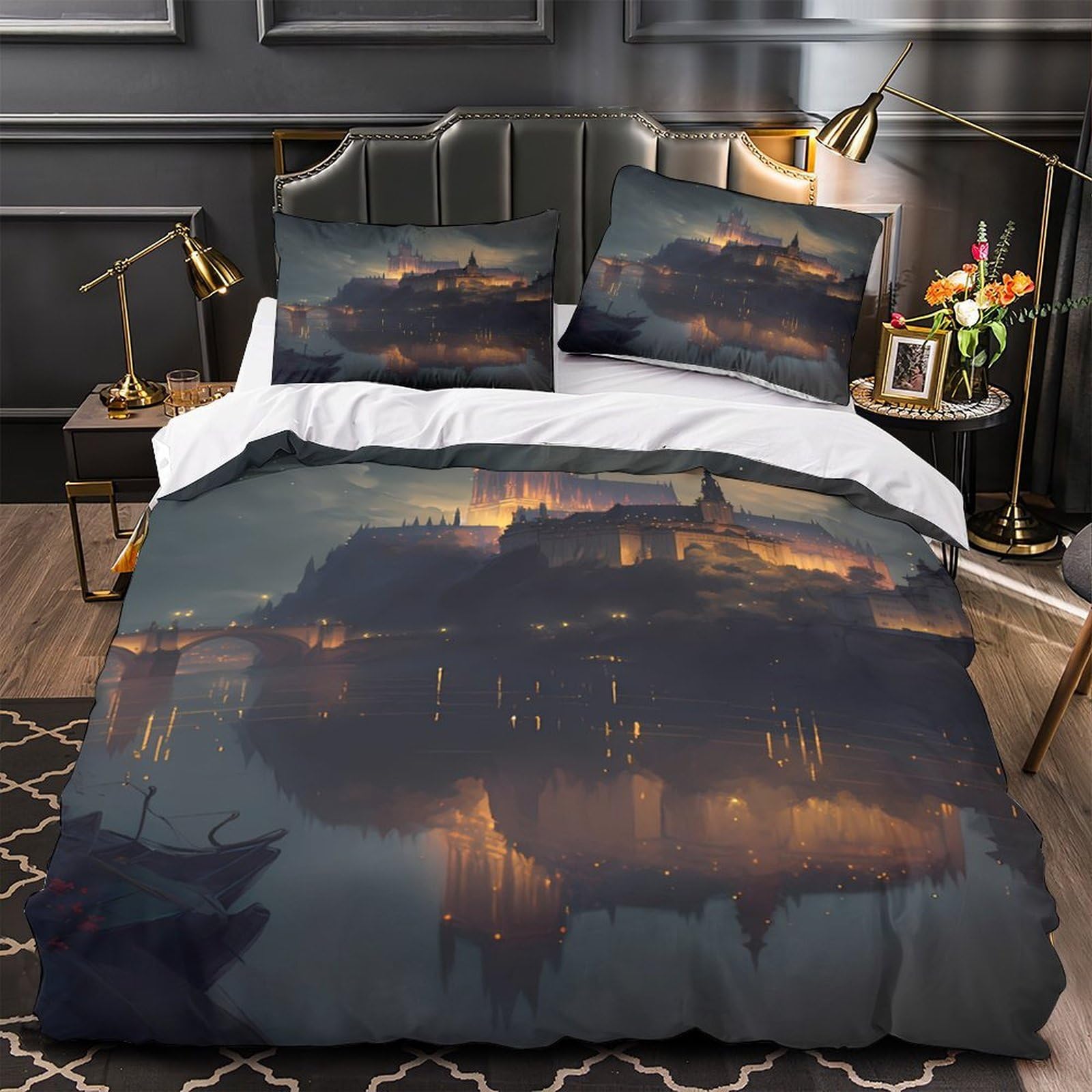 MMDASBVPE Medieval Castle Comforter Cover 3D Design Printed Extra Soft 3 Piece Bedding Set Zipper Duvet Cover Hotel Quality Breathable for Kids Teens Adults Women Youth Teenagers Double（200x200cm）