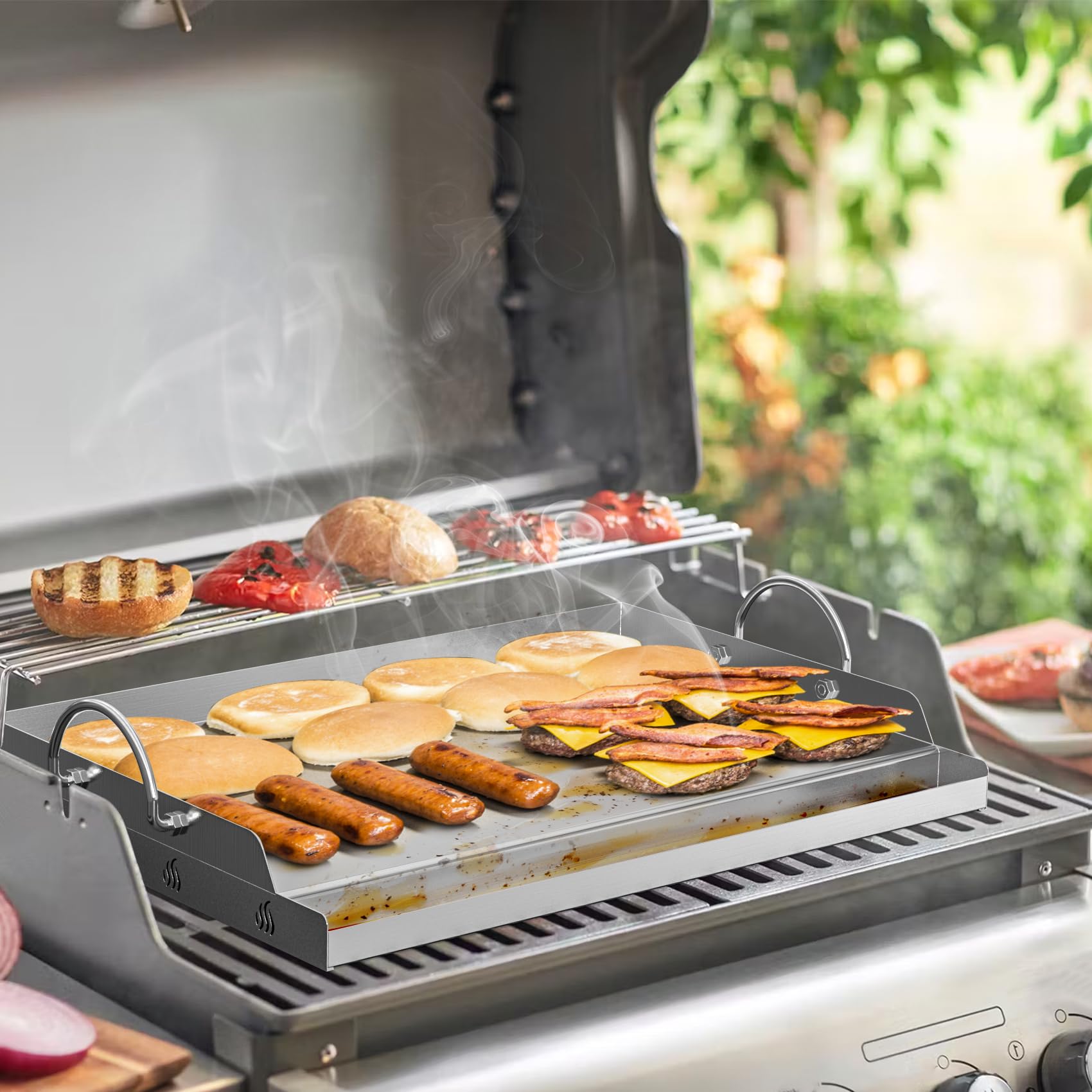 Onlyfire Plaque Plancha en Inox avec Spatules et 2 Éponges de Nettoyage, 50 x32 x7 cm, Plaque de Cuisson Universelle pour Barbecue, Rectangulaire, Poignée Amovible