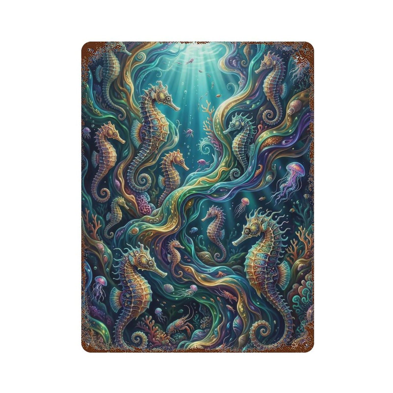 Seahorse Underwater Fantasy Retro Metal Sign 15.7"x11.8", Old School Wall Decor for Garage, Pub Or Kitchen