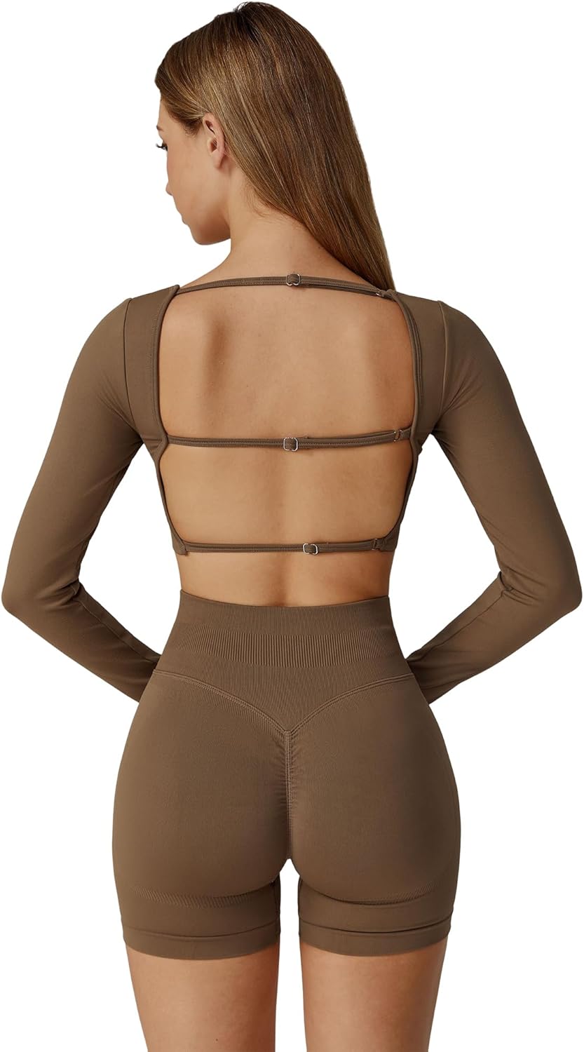 Workout Sets for Women 2 Piece Long Sleeve Backless Crop Top and High Waisted Shorts Gym Athletic Jogger Sets