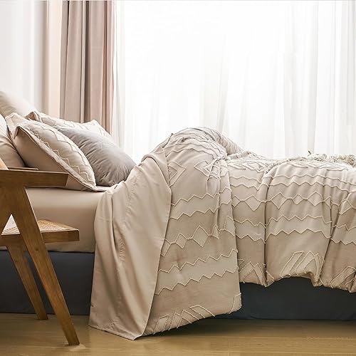 Miniatura 3 de Juego de edredón beige individual de 7 piezas, cama copetuda en una bolsa, juegos de cama tamaño individual, juegos de cama bohemios, juegos de ropa