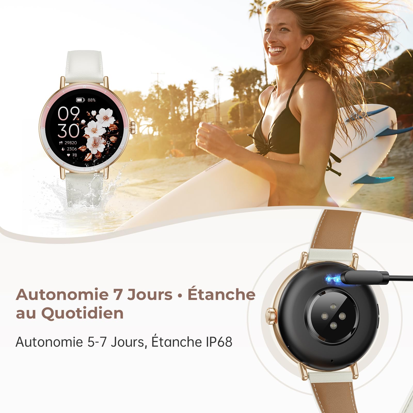 Montre Connectée Femme, 1,27'' HD Smartwatch Petit Poignet Ronde avec Cycle Menstruel/SpO2/Fréquence Cardiaque/Sommeil/Podomètre/100+ Modes Sportifs/IP68 pour Android iOS, Or Rose/Ivoire