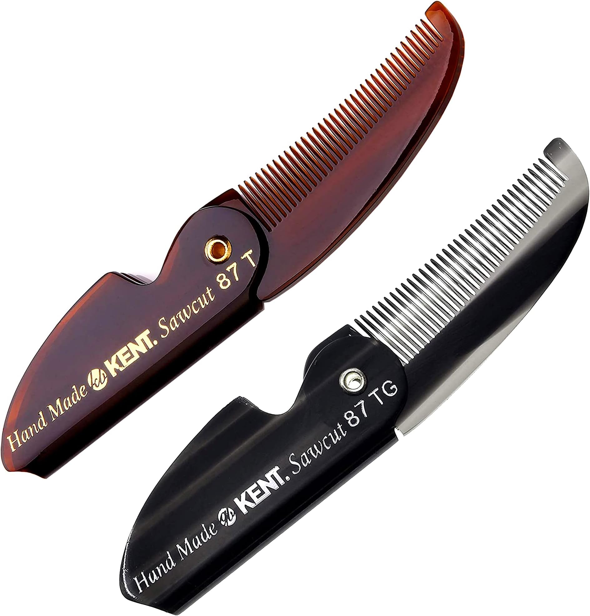 Kent 87T Combo Handmade Folding Pocket Comb for Men, Fine Tooth Hair Comb Straightener for Everyday Grooming Styling Hair, Beard or Mustache, Use Wet or Dry, Saw Cut Hand Polished, Made in England