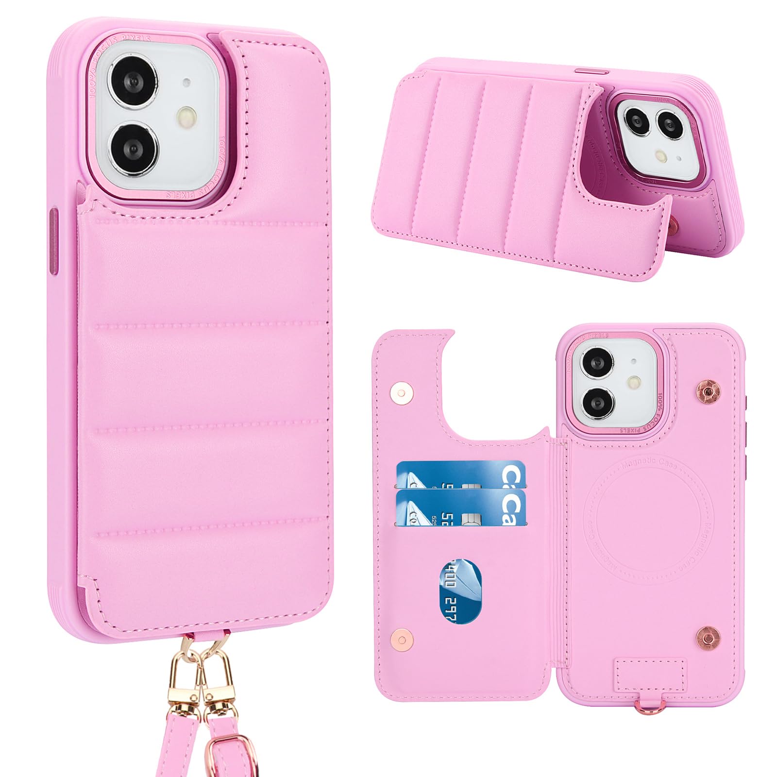 Photo 1 of Jeffene Crossbody Wallet Case for iPhone 12/12 Pro(6.1 Inch) with Strap,RFID Blocking Leather Flip Case for Women with Card Holder,Magnetic Purse Shockproof Cover with Kickstand,Lanyard,Pink