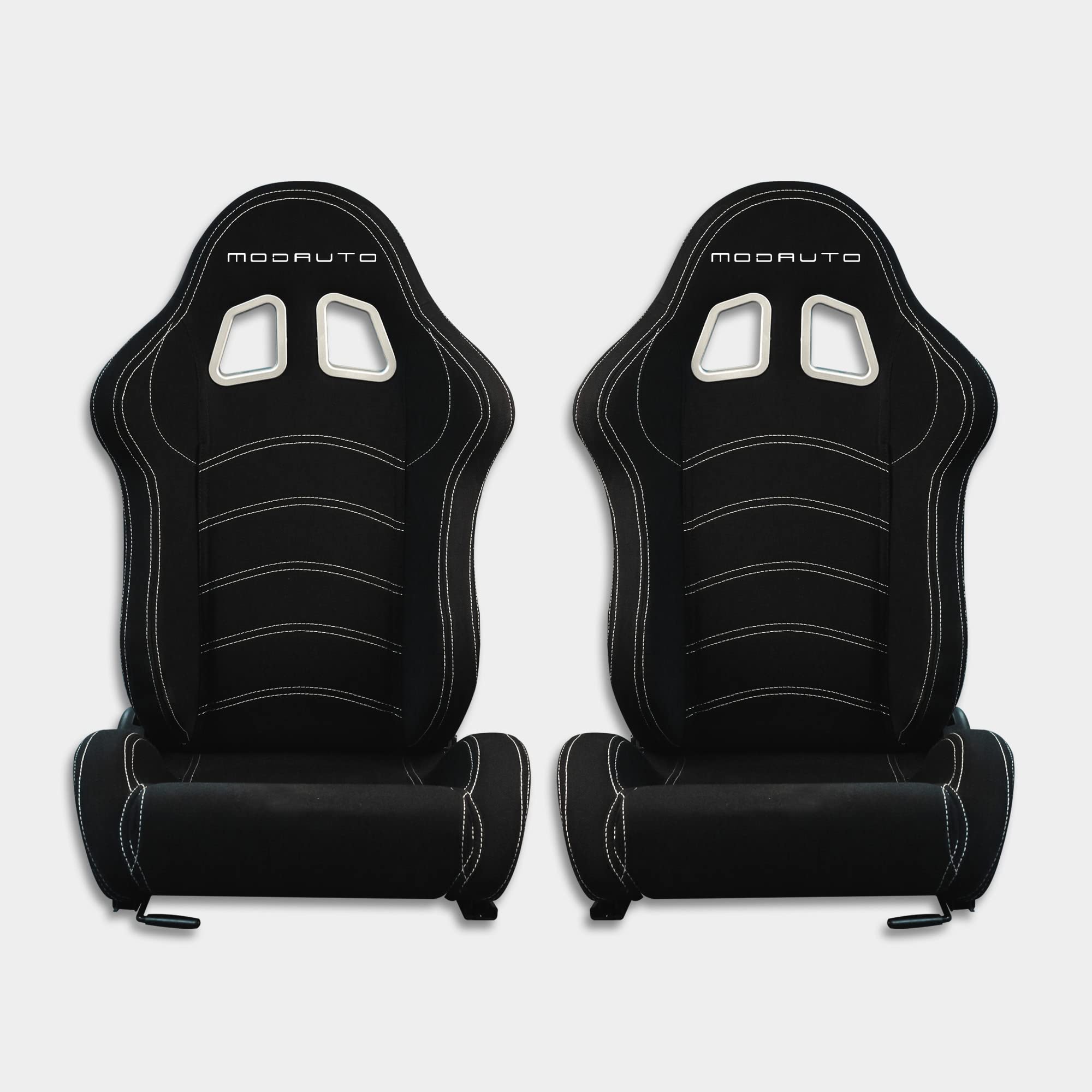M MODAUTO Asiento Deportivo Coche,Semibaquet Ajustable,de Tela,Adaptable para Coches,Ríeles incluidos,para Simulador de Conducción,Modelo NW-180LR,Negro y Costura Blanca Logo,(Piloto+Copiloto)
