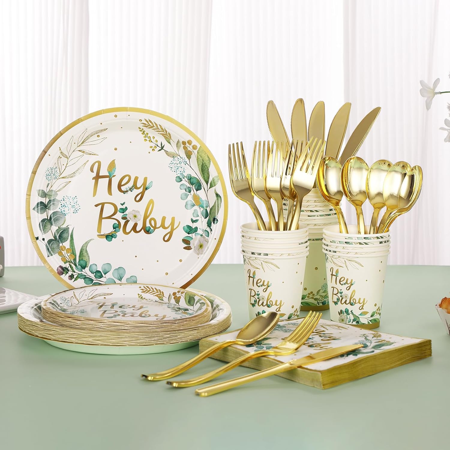 168PCS Sage Green Baby Shower Decorations, Hey Baby Party Plates and Napkins Sets, Green Leaf Paper Plates for Boho Jungle Safari Theme Neutral Party Supplies, Serve 24