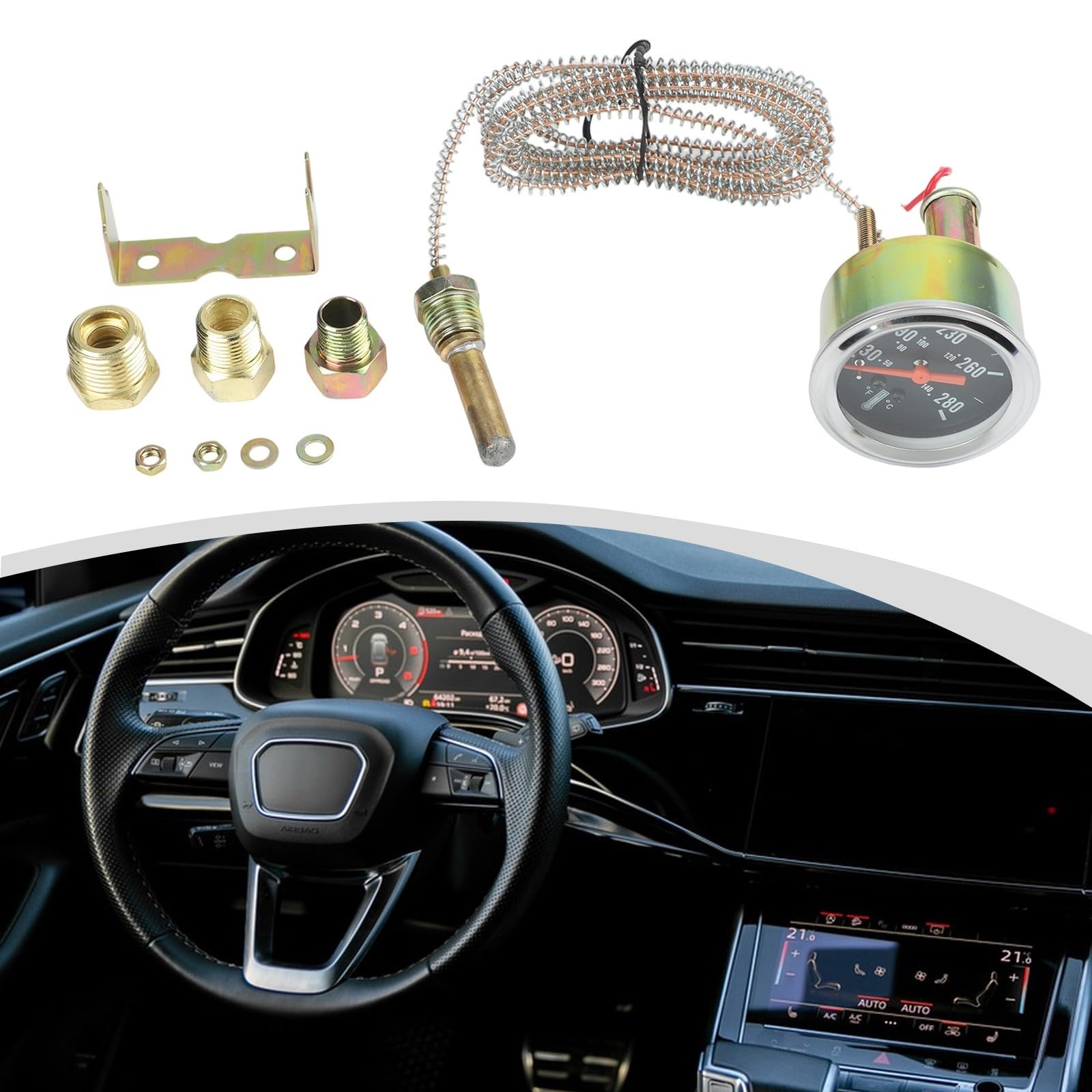 Jauge de température de l'eau de 52 mm pour voitures, bateaux, thermomètre de liquide de refroidissement de moteur mécanique de 50 à 140 °C avec câble de 1,8 m de construction en métal
