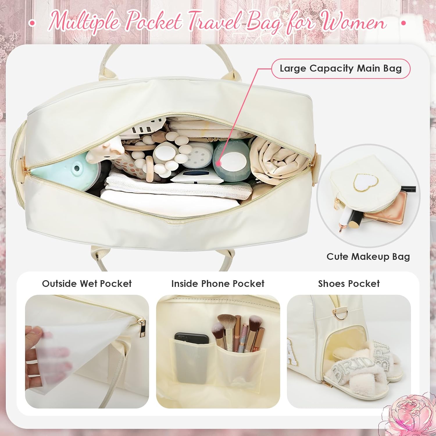 Bride Bag Bridal Shower Gifts 2 Pcs Wedding Weekender Tote Groom Duffel Chenille Letter Bag with Shoes Compartment Bachelorette Gifts for Bride to Be (White, Bride) - Image 2