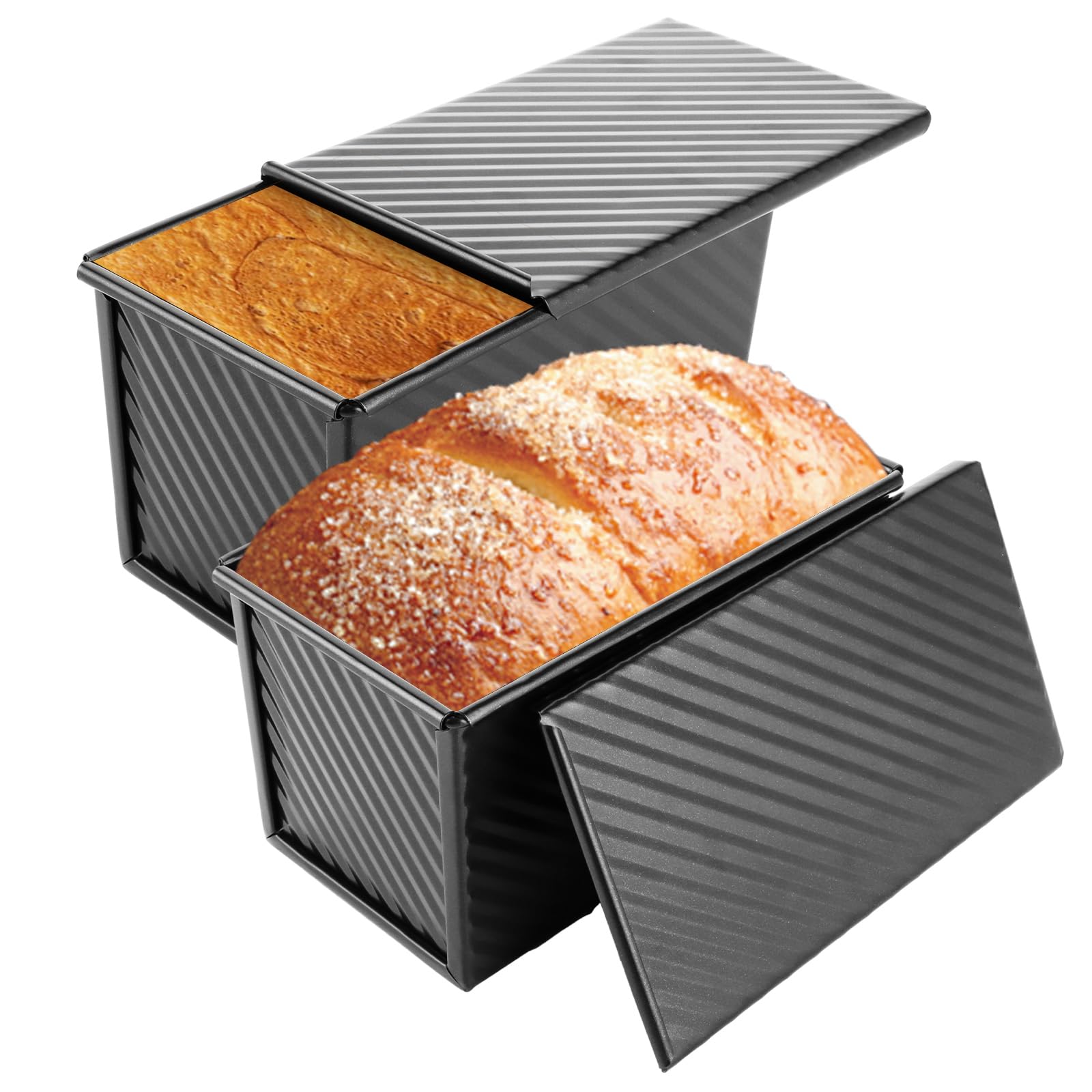 Moule à Pain De Mie FWEEK Lot De 2 Avec Couvercle 450g - Anti-adhésif Noir