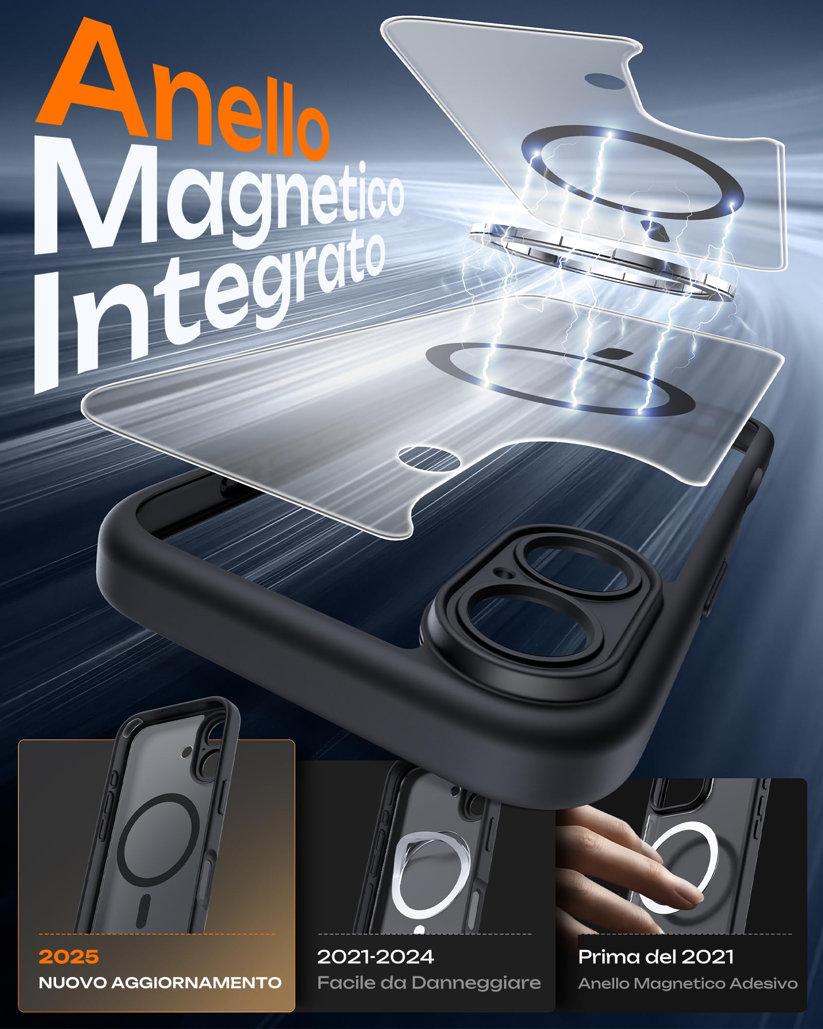TOCOL Cover Magnetica per iPhone 17 6,3 Pollic, Compatibile con MagSafe, Anello Magnetico Incorporato, Protezione Fotocamera Integrata, Custodia Antiurto Traslucida Opaca, Nero