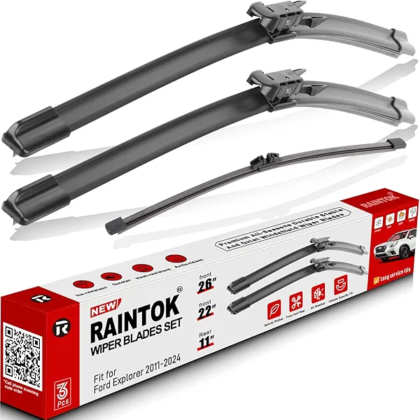 RAINTOK Windshield Wiper Blade Set Replacement for 2011-2022 Ford Explorer and Rear Windshield Wiper Blade-26"/22"/11" (Set of 3) Pinch Tab