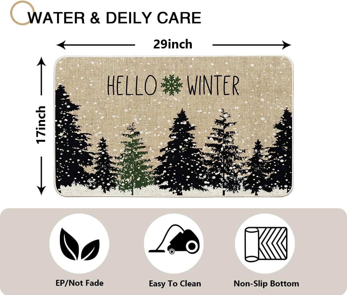 Christmas Black Tree Doormat Winter Cold Forest Snowflake Xmas Door Mats Entrance Low Profile Front Mat Christmas Rugs Non Slip Floor Mat in/Outdoor for Home Patio Decor (17x29 in)