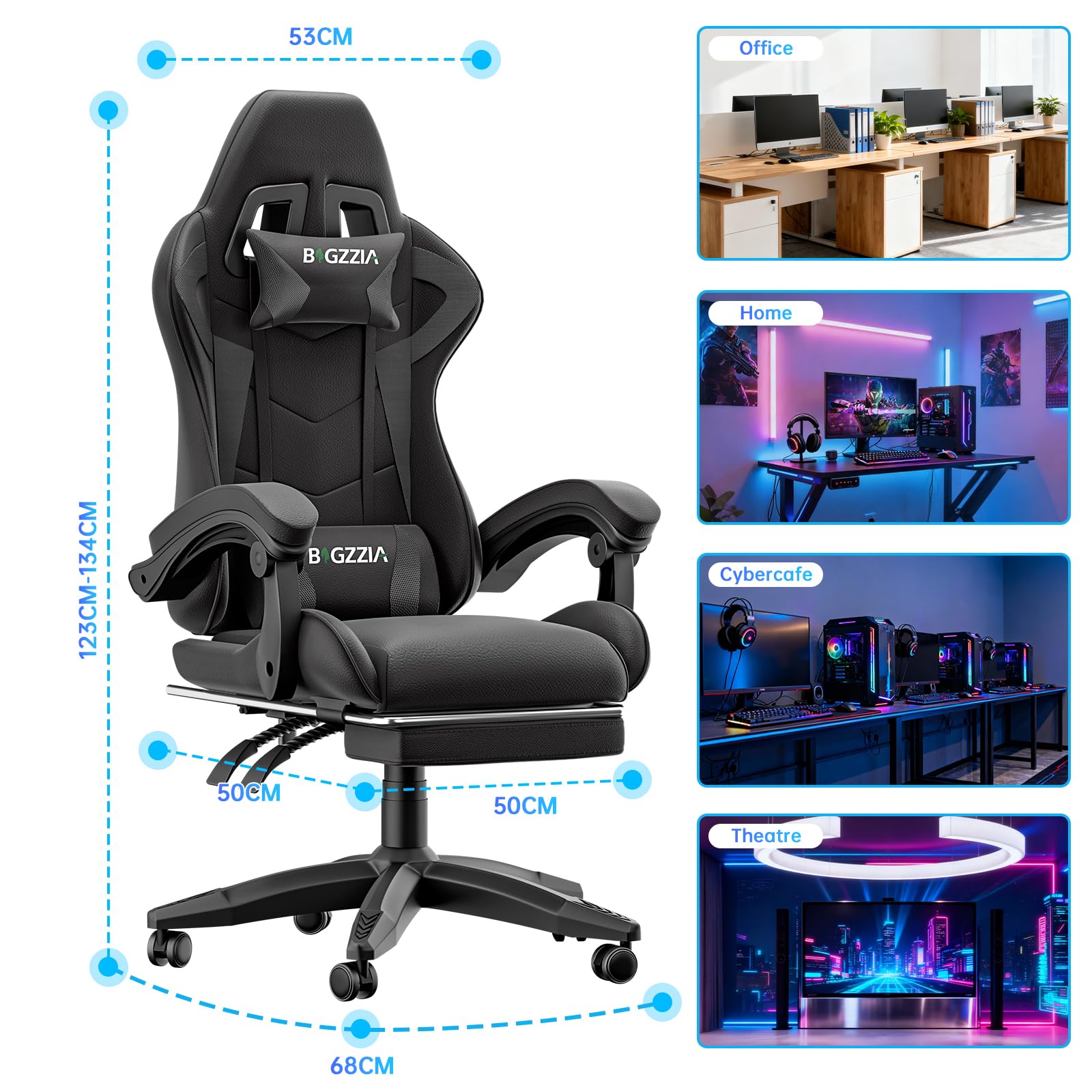 Sedia da gioco con poggiapiedi allungabile e supporto lombare regolabile, reclinabile a 90°-155°, in pelle PU, sedia ergonomica per computer, sedia da ufficio in memory foam con cuscino per
