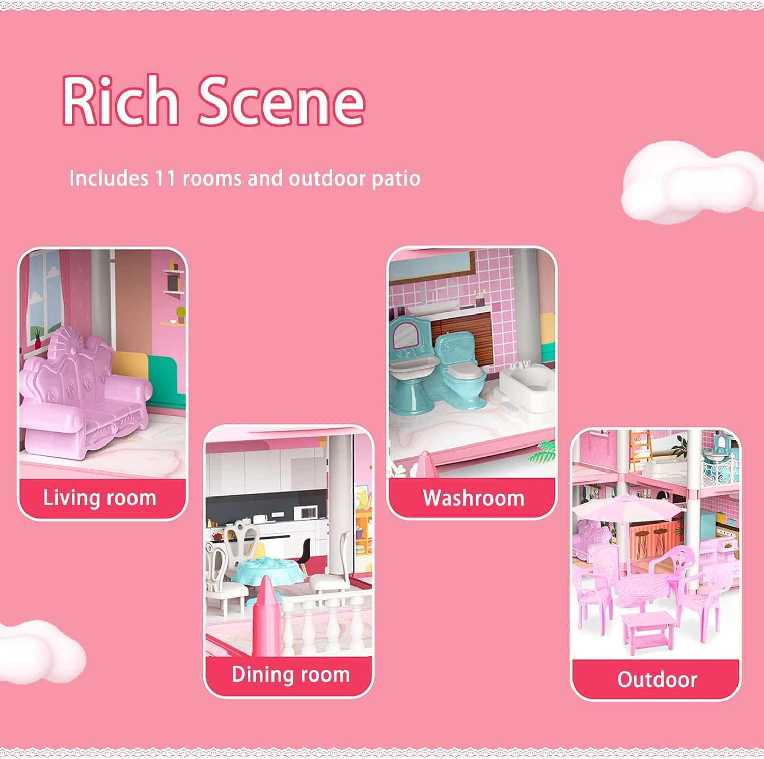 Riderev Doll House,Dream House for Girls Pretend-Play DIY Dollhouse Kit,3-Story 9 Rooms Playhouse with 3 Dolls Toy Figures, Furniture and Accessories Set Gift Toy for Kids Ages 3 4 5 6 7 8+ 4