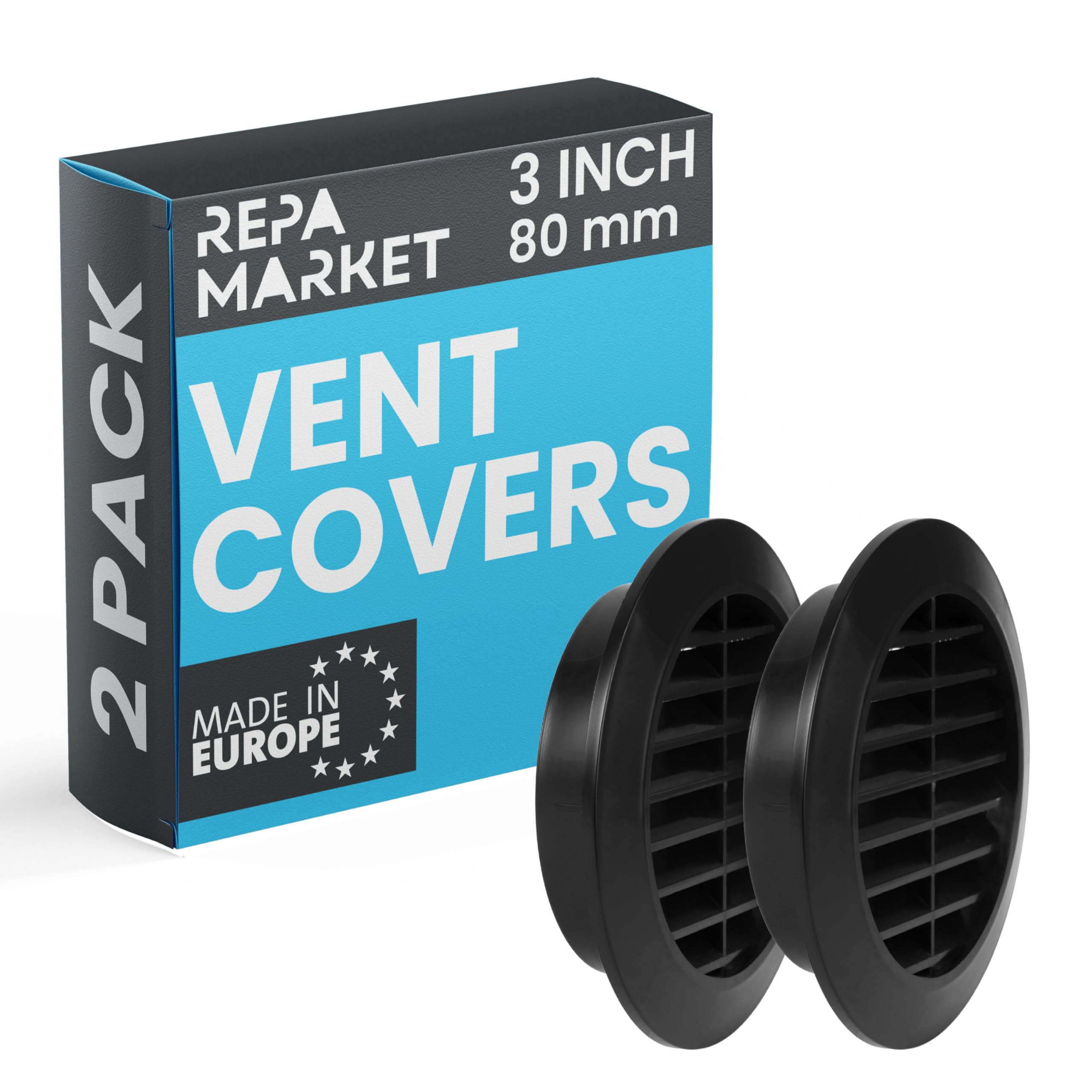 Repa Market 80mm Pack of 2 Black Vent Cover with Mesh Screen - Plastic Soffit Ventilation Grill - Louvered Vent for Indoor, Outdoor Wall Ducting - HVAC Louvre Grille for Kitchen, Bathroom