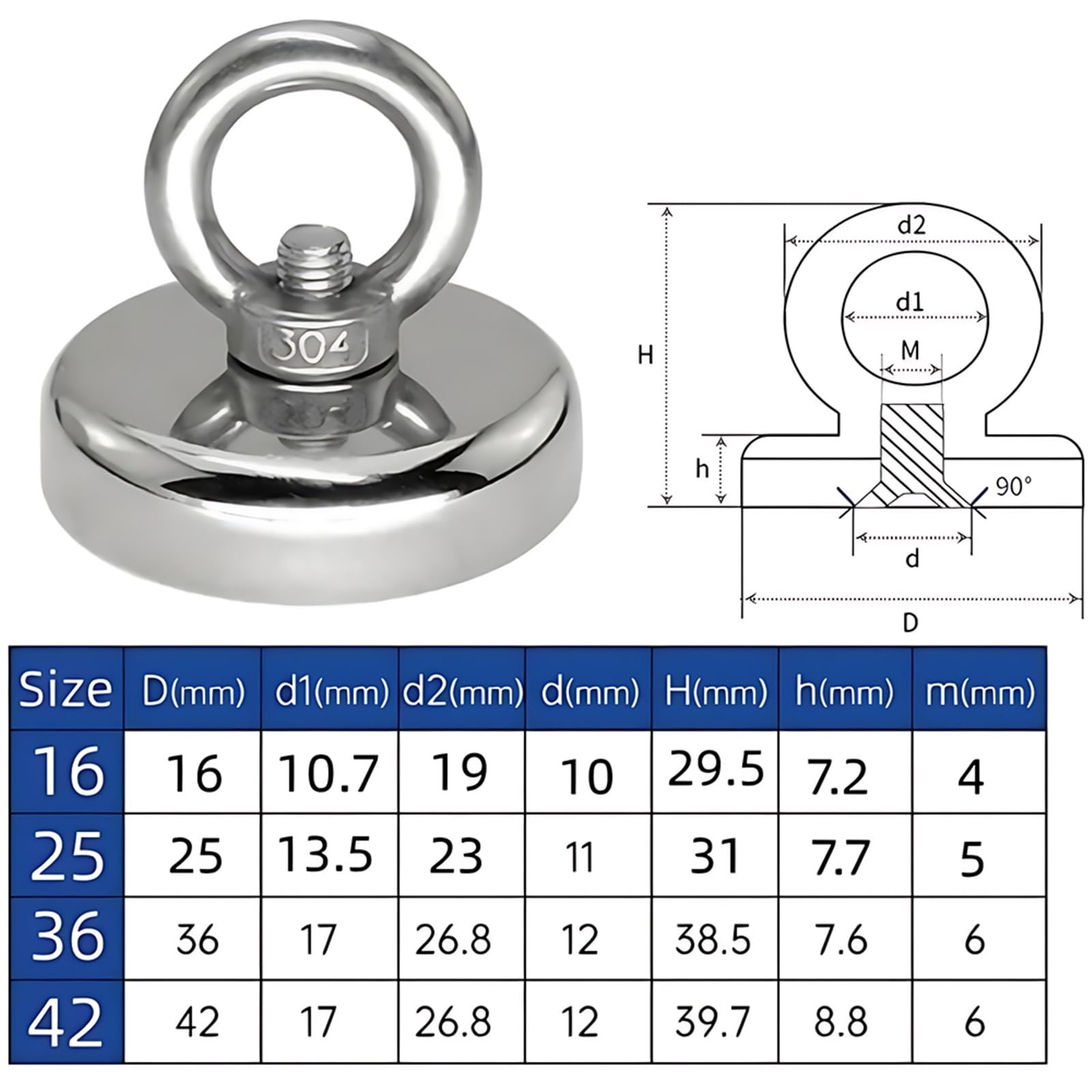 Aimant De Pêche Aimant Puissant en néodyme N52, 5 pièces, Aimant de pêche magnétique, Crochet de Recherche en néodium Aimant Neodyme(Pull Max 61kg)