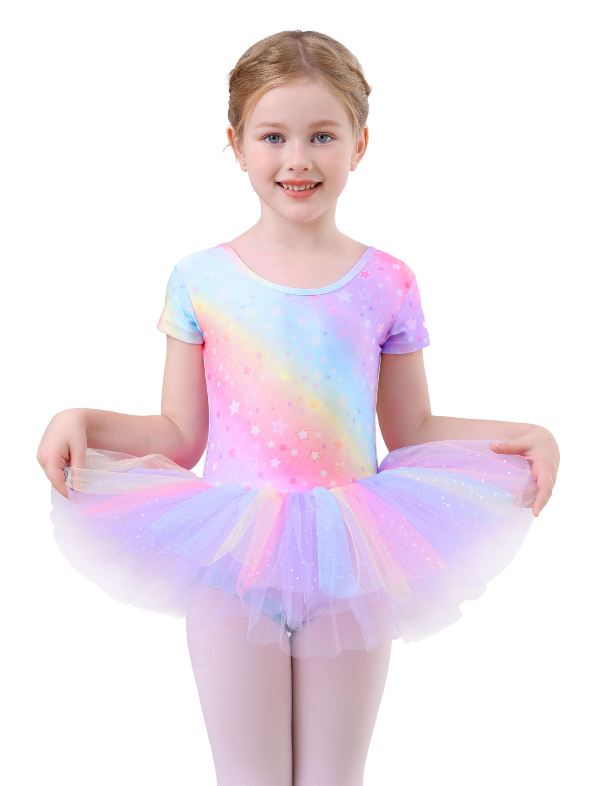 MdnMd Short Sleeve Glitter Dance Ballet Tutu Leotard Ballerina Outfit for Girls Toddler