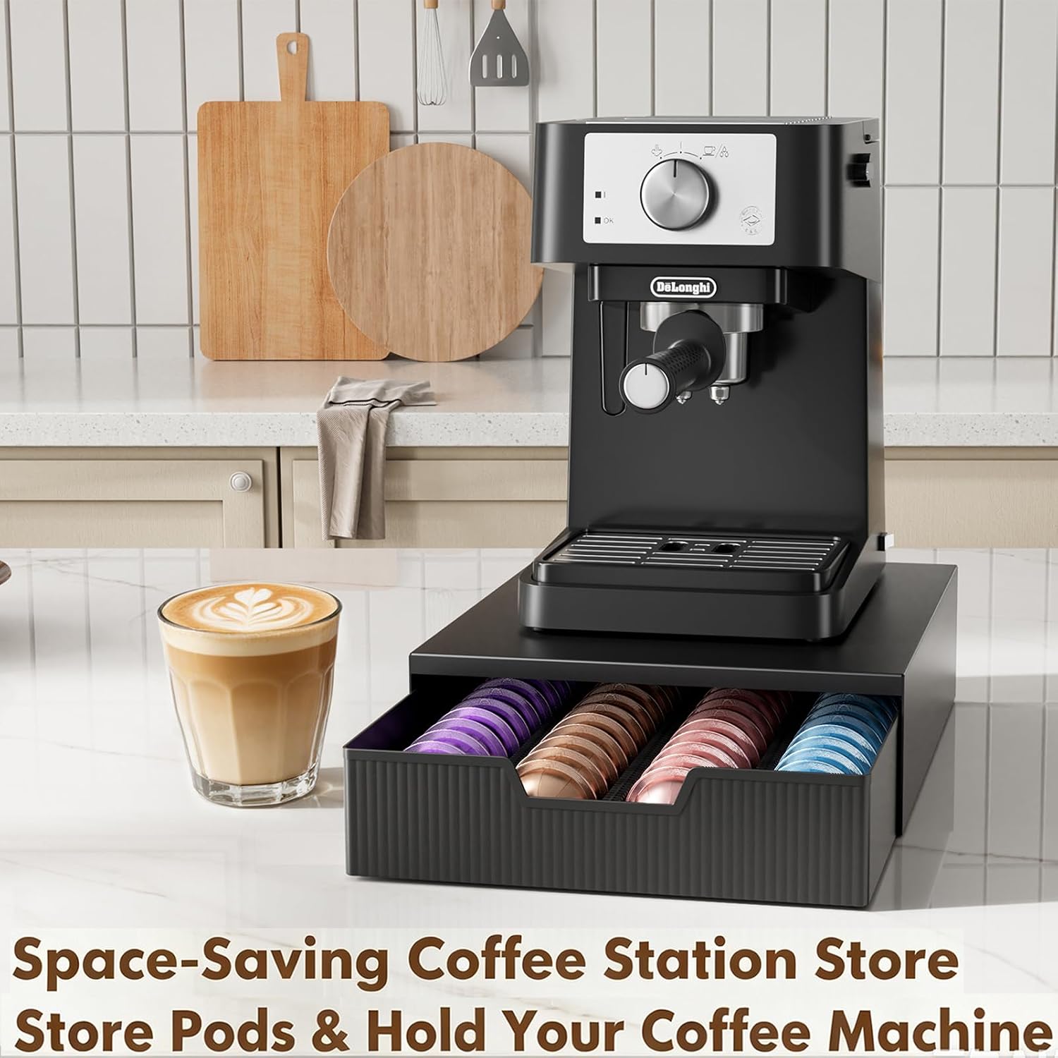 ECOLOVI Coffee Pods Drawer Organizer Compatible with Nespresso Vertuo Pods & K-Cup Pods, Holds 48 Small or 32 Large Capsules, Black