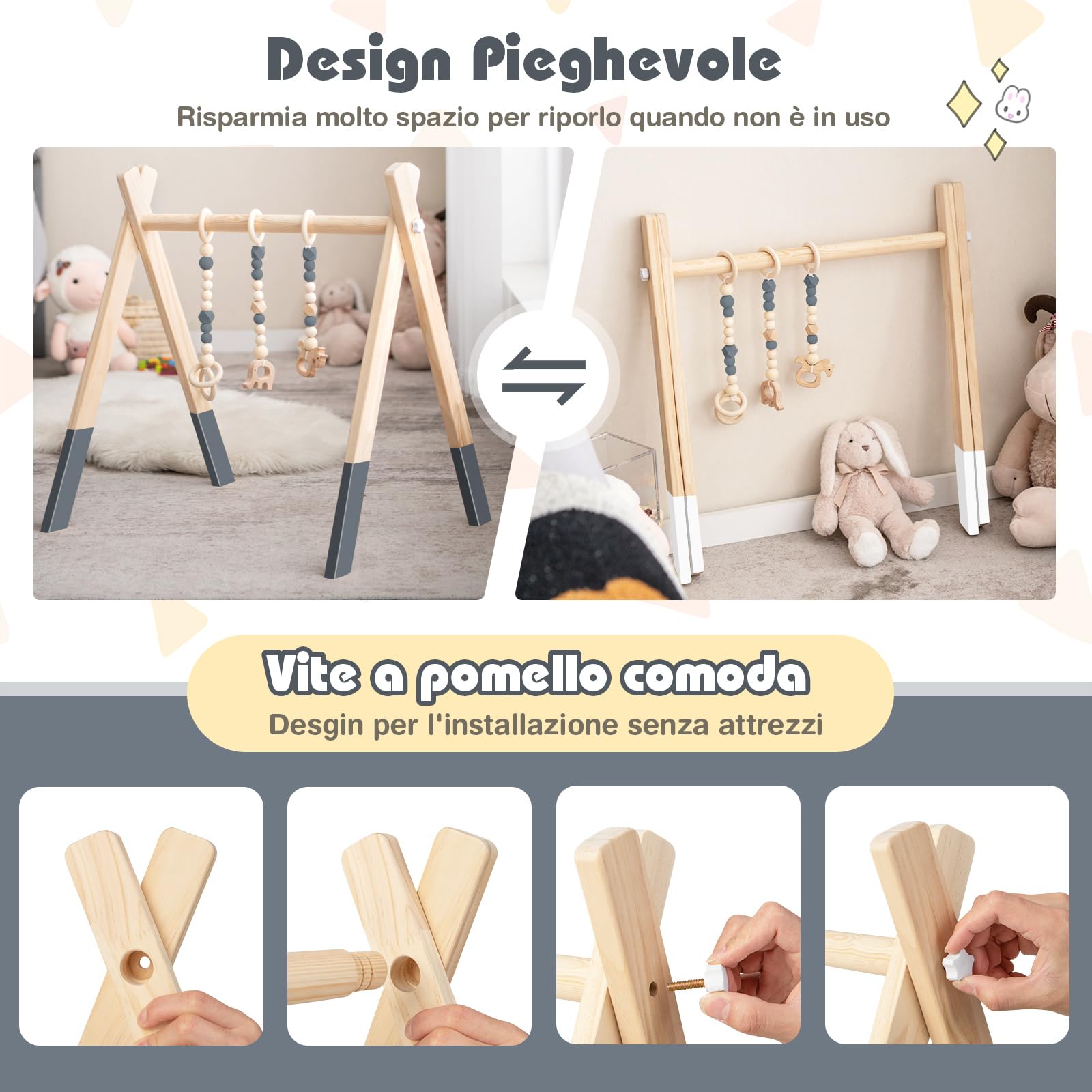 COSTWAY Palestrina Bambini in Legno, Giocattolo a Trapezio Pieghevole Neonati, Montessori Arco da Gioco, per Bambini 3+ Mesi (Grigio)