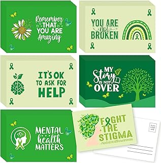 72 Pcs Mental Health Awareness Postcards Fight The Stigma Blank Postcard 4 x 6 Inch Green Ribbon Positive Psychology Affirmations Mental Health Cards for Fundraiser Home Party Gifts