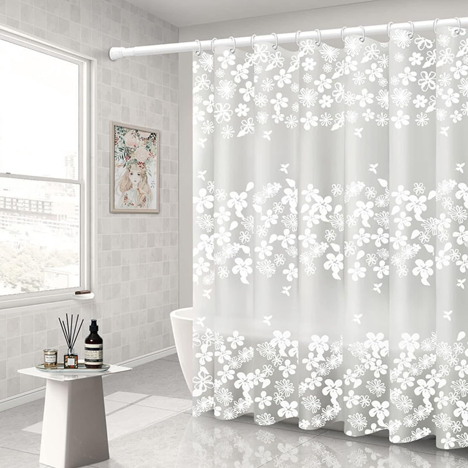 Woodfib Whiteflower Shower Curtain, 100% Peva Waterproof Anti-Mould Proof Resistant, Quick-Drying, Washable Bathroom Curtain, Includes 12 Pcs Curtain Hooks, 180 X 180 Cm