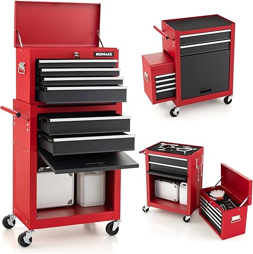 ERGOMASTER Gabinete de herramientas con ruedas de gran capacidad con llave de cierre, caja de herramientas portátil organizadora con cajones