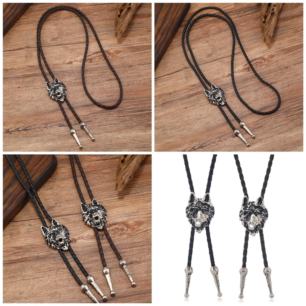 Bolo-Krawatte, Krawatte mit Wolfskopfanhänger aus Kunstleder, Seil und Metall