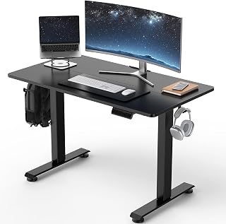 Veken 39.4" Electric Standing Desk: Adjustable Height Small Home Office Desk, Wood Top for Work Study Gaming, Black