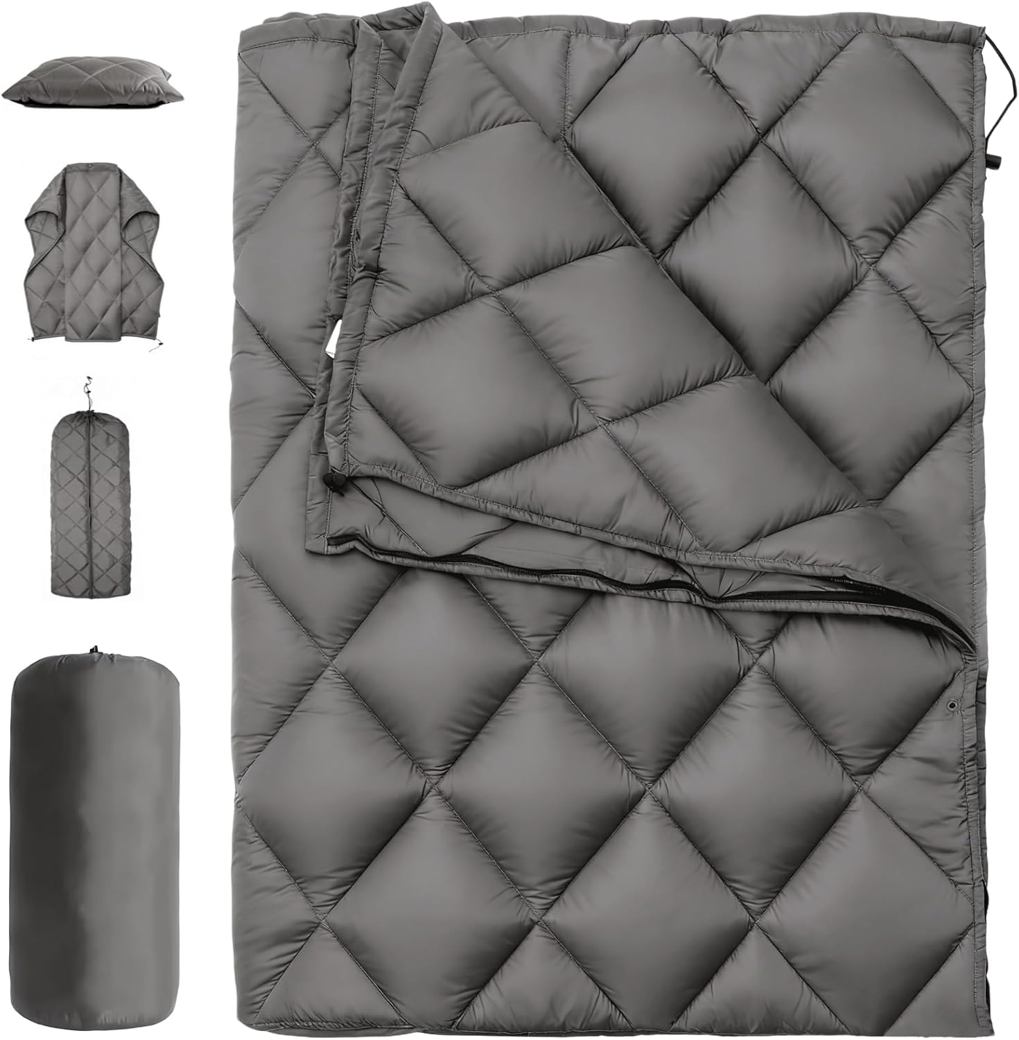 Outdoor Camping Blanket, 4-in-1 Travel Versatile Blanket, 55.1 x 80.7 in Waterproof Warm with Storage Bag, Foldable and Lightweight, Ideal for Hiking, Backpacking, Picnic & Beach (Dark Grey)