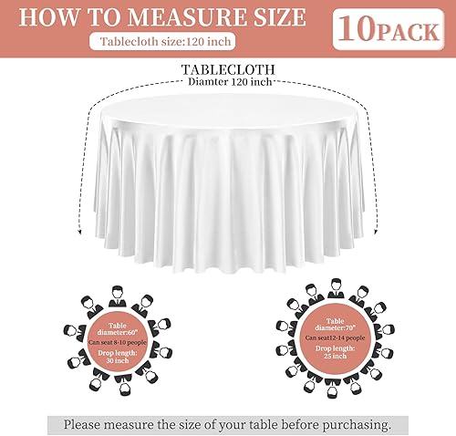 Miniatura 3 de Paquete de 10 manteles de satén de 120 pulgadas, redondos, sedosos, de color blanco, tela lavable y de seda brillante, para decoración de bodas,