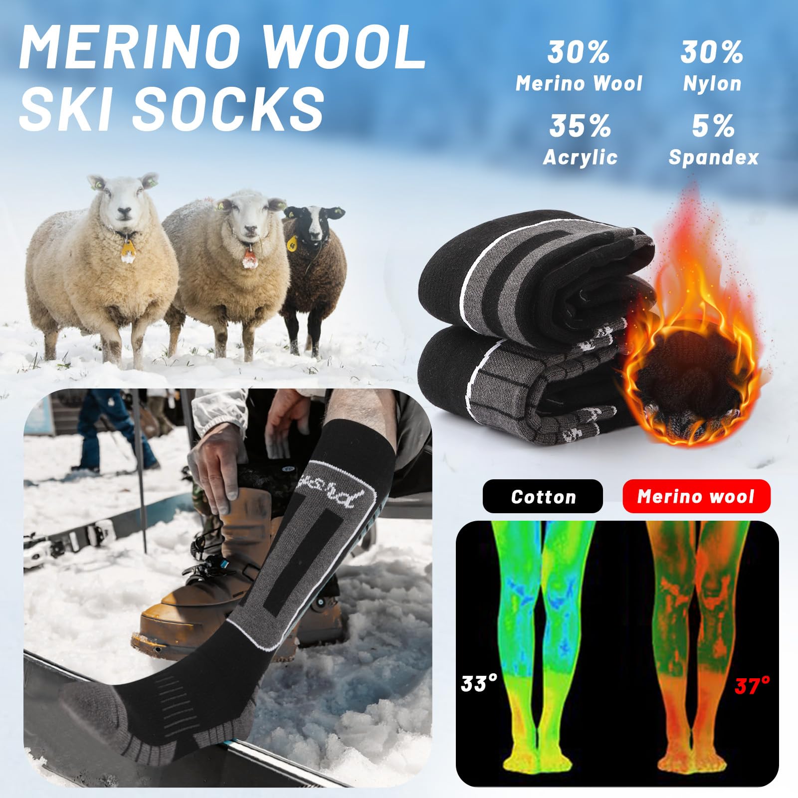 Funyord 2 Paia Calze Sci in Lana Merino Per Uomo, Calze da Sci Calze Termiche al Ginocchio Per Sci, Snowboard, Escursionismo, Sport Invernali
