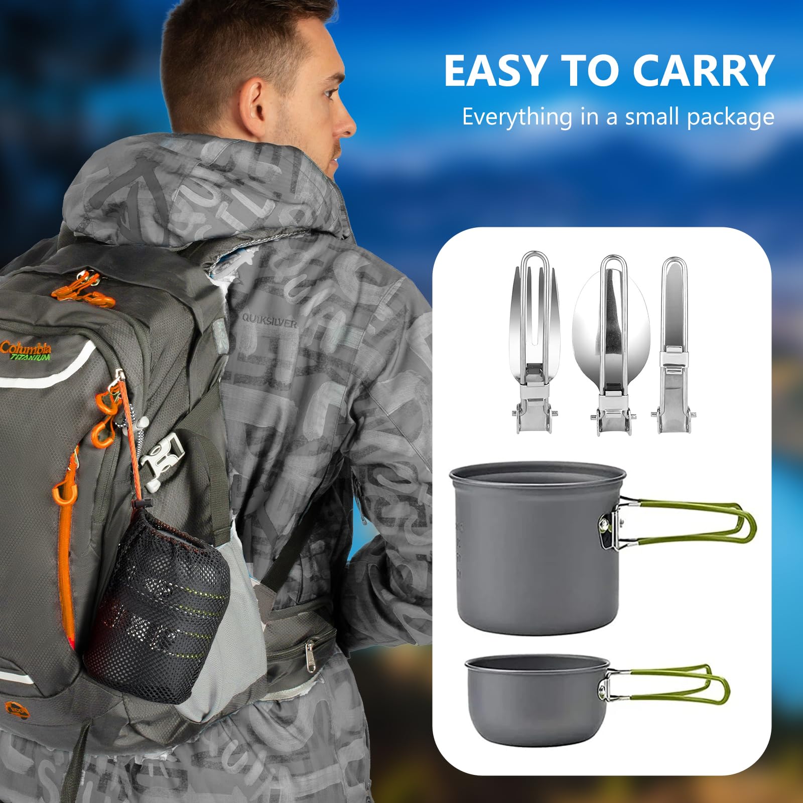 Set di stoviglie da campeggio, set di posate da campeggio, versatile da campeggio, in alluminio, con manici pieghevoli e mini fornello per backpacking, picnic, escursionismo