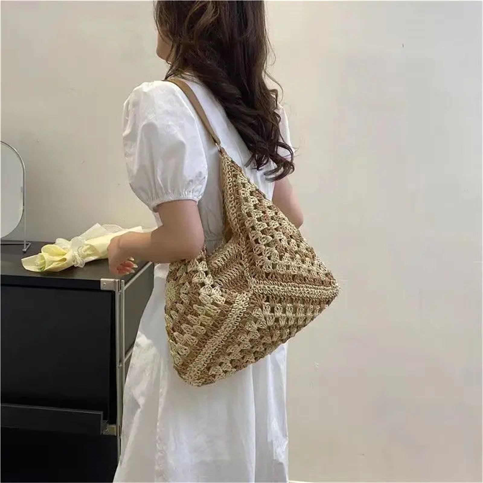 Bolso De Tejido Bolso de playa paja tejido a mano for mujer, grande, for vacaciones verano, bolso hombro informal, compras for festivales
